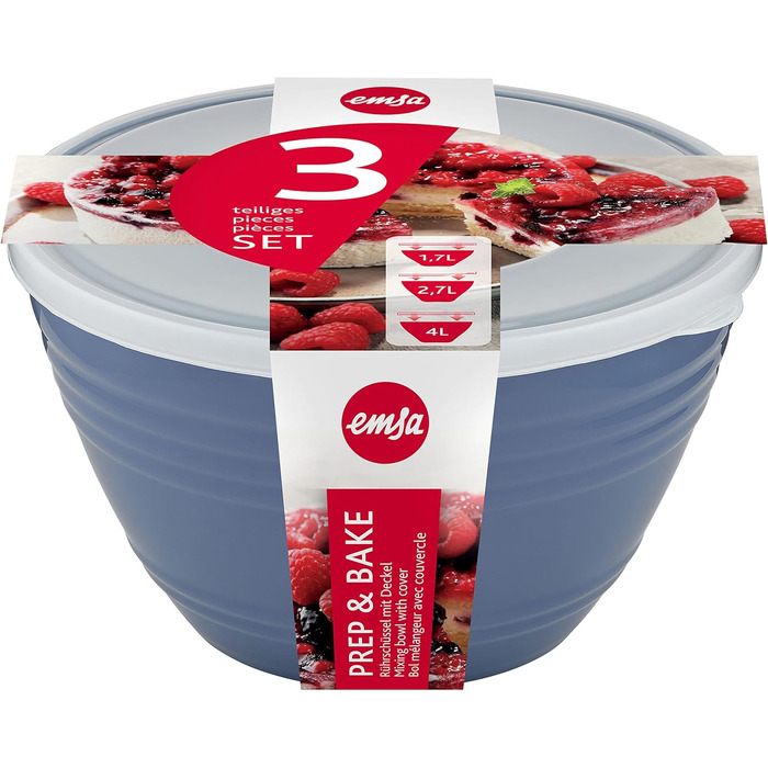 Emsa Prep&Bake 3-Piece Plastic Mixing Bowl Set, 1.7 + 2.75 + 4.15 L with Preserving Lid, Non-Slip Base, Perfect Stability While Mixing, Dishwasher Safe, Stackable Bowl Set K325S3