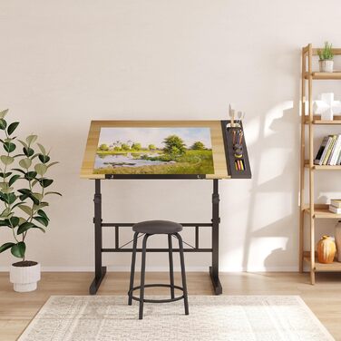 Adjustable Drafting Table with Tilt - 0-60° - Drawing Table, Computer Desk with Stool & Storage Cabinets - Wood Finish