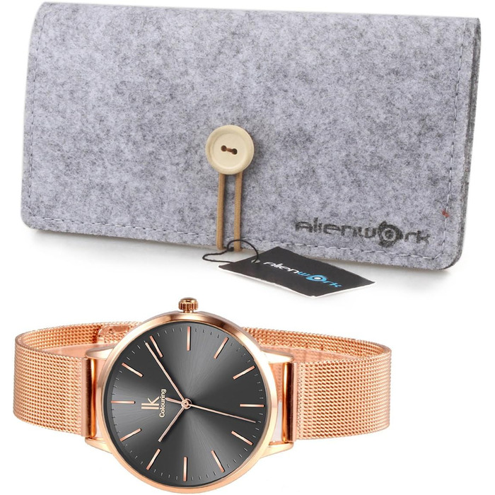 Жіночий годинник Alienwork IK Minimalist, ультратонкий, сітчасте браслет (рожеве золото/сірий/рожеве золоте сітчасте браслет)