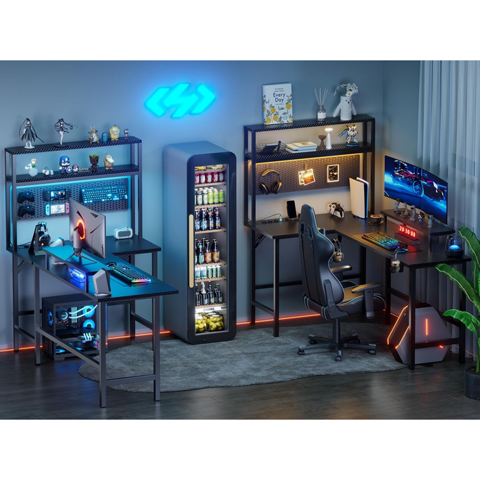 Ігровий стіл кутовий 150x100 см з 3 розетками та 2 USB, зворотний, з LED підсвічуванням, з ящиками та підставкою для монітора. Стіл для геймінгу, офісу, дому. (150 x 100 см, карбон)