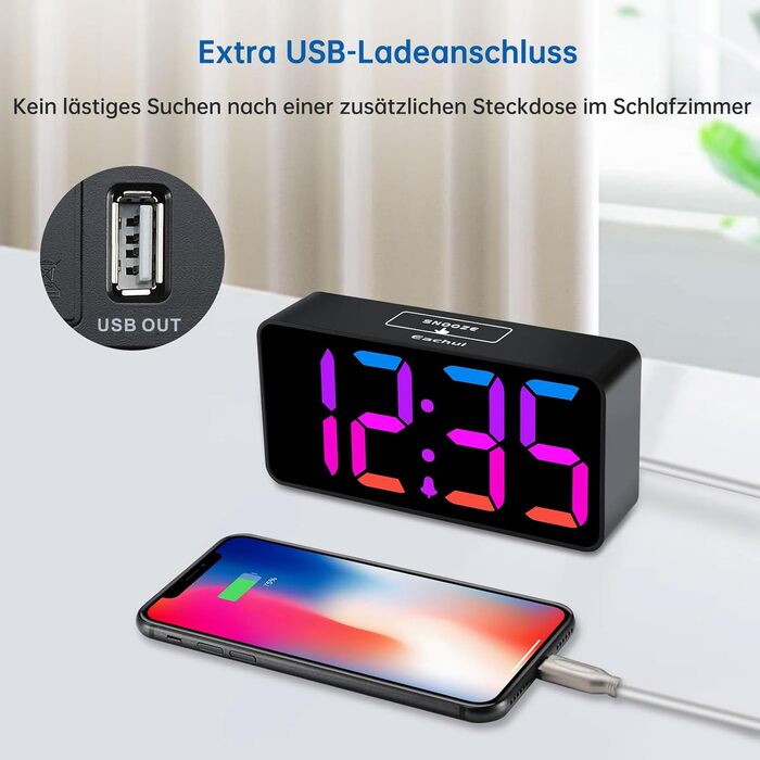 LED-годинник Eachui з USB-зарядкою, великий дисплей, регулювання яскравості та гучності, функція повтору, 12/24 год, цифровий годинник, живлення від мережі (чорний & білий)