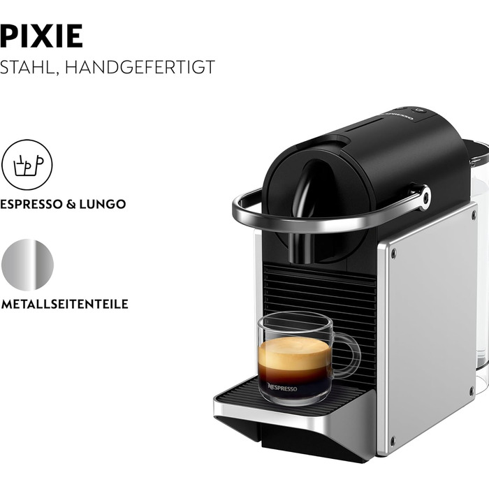 Кавова машина-капсульна Nespresso De'Longhi Pixie EN127.S, 19 бар, 1260 Вт, сріблясто-чорна, компактний дизайн, ECO-режим, дві програмовані кнопки