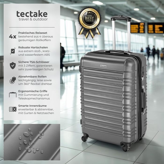 Набір валіз Tectake® 4 шт. з TSA замком, жорсткий корпус, набір валіз-тележок, ABS, 4 колеса, 360° обертання, телескопічна ручка - зелений (срібло)