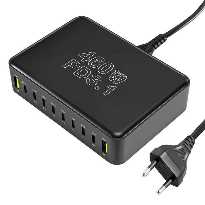 Зарядний пристрій USB-C 460W, 10 портів, PD 3.1 100W/45W/35W/20W для MacBook, iPad, iPhone, HP, Samsung Galaxy та ін. (Сірий)