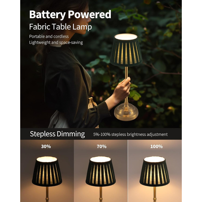 LED Настільна лампа бездротова, димована вінтажна приліжкова лампа, ретро акумуляторна настільна лампа 4000mAh, для дому, бару, вітальні (Золото + Зелений абажур, 2 шт)