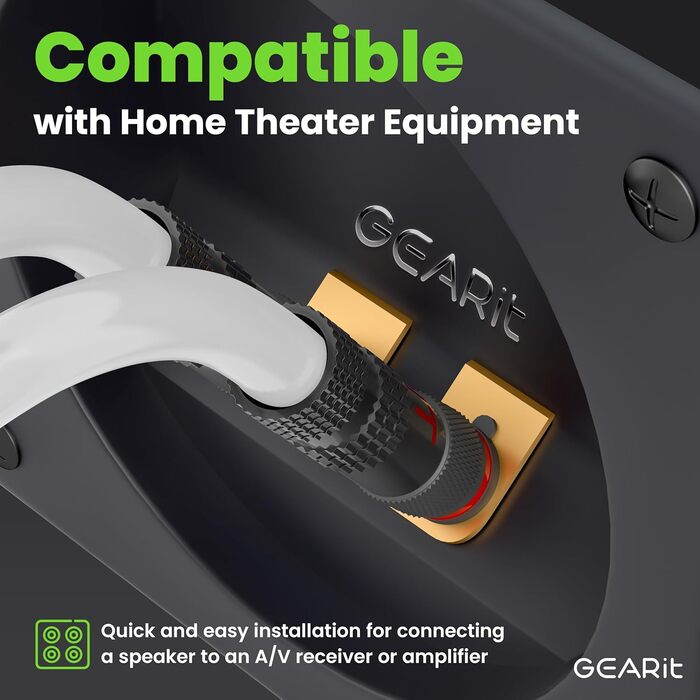 Акустичний кабель GEARit з банановими штекерами 12 AWG, 10.7 м, OFC CL2, плетений для Hi-Fi, домашнього кінотеатру, підсилювачів (Золотий)
