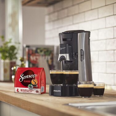 PHILIPS Senseo Select Coffee Pad Machine – Coffee Strength Choice Plus, Memo Function, Crema Plus Technology, 0.9L Water Tank, Two-Cup Function, Adjustable Outlet, Environmentally Friendly (CSA250/10) Brushed Steel