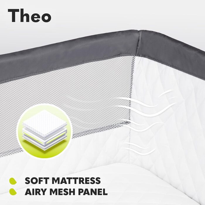 Lionelo Theo 2in1 Baby Cot, Travel Cot for Baby, Crib for Baby from Birth up to 9 kg, Height Adjustment, Recline Adjustment, Foldable Side Rail, Mattress, Mosquito Net (Dark Grey) Dark Grey 1 Piece (1-Pack)