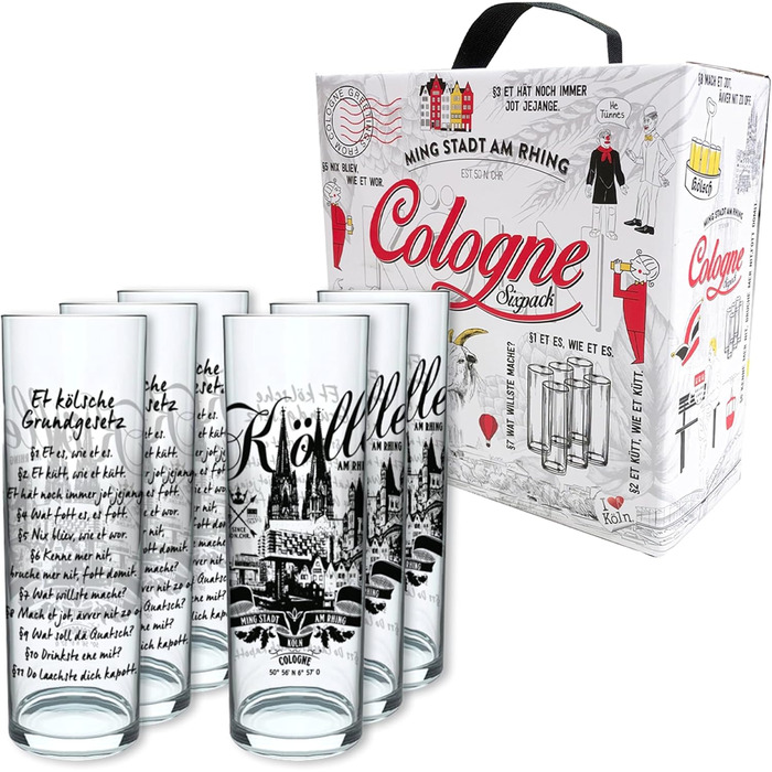 3forCologne Kölsch Glasses, 6-Pack, assorted colors, 0.2ml, Cologne Sticks with Basic Law, Beer Glasses, Drinking Glasses with Print. (MADE IN GERMANY), Size: 281 EU
