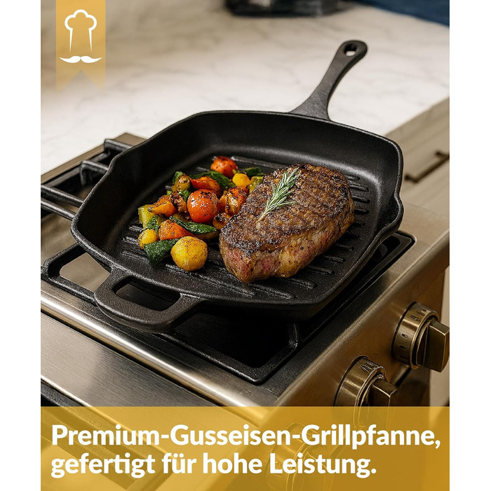 Чавунна гриль сковорода Chefarone 25.5 см з носиком – емальована сковорода для стейків, підходить для індукції, газу, склокераміки та духовки