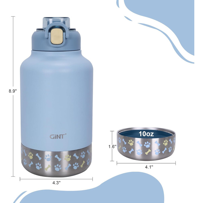 GiNT Ізольована пляшка для води з нержавіючої сталі для собак та людей, туристичний набір з мисками та сумкою, не протікає, для прогулянок, походів, кемпінгу, авто (Блакитний)