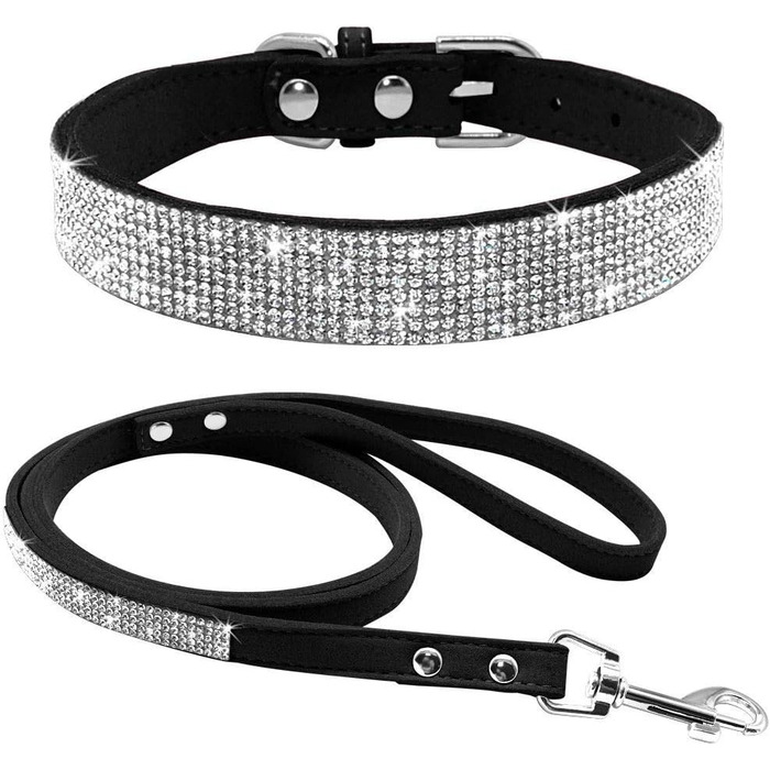 Soft Suede Dog Collar, Shimmering, Sparkling, Elegant, Unique, Embellished with Rhinestones, for Pets, Puppies, Cats, Dogs, Combo Set with Leash (XXS, Black)