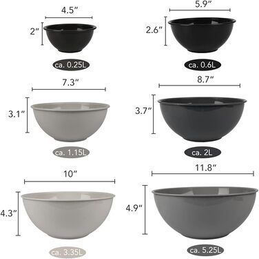 BoxedHome Gray Mixing Bowls Set with Lids, Reusable Mixing Bowl, 12-Pack Mixing Bowl, Plastic Salad Bowl Non-Slip Stackable Serving Bowls for Kitchen (6 Bowls and 6 Lids)