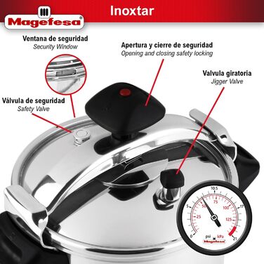 Скороварка Magefesa Inoxtar 10 л, нержавіюча сталь 18/10, індукція, здорове приготування, 5-шаровий термодно, поворотний замок
