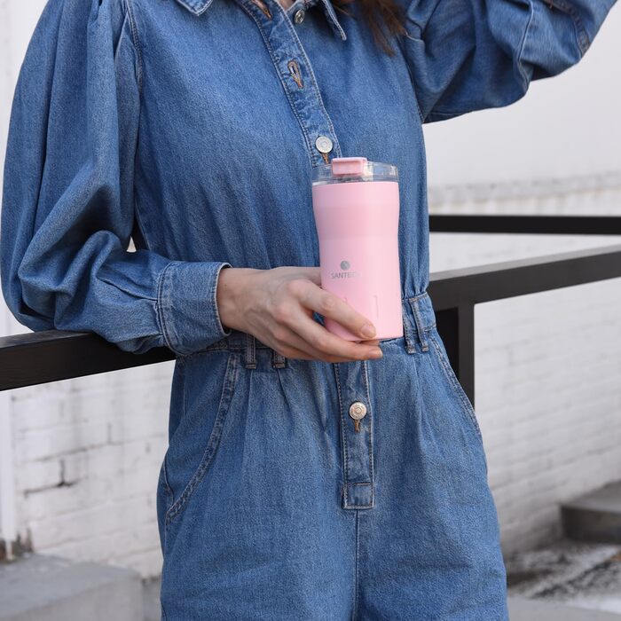 Термокружка SANTECO з нержавіючої сталі 18/8, 350 мл, з подвійними стінками, ізольована, 6 годин зберігає тепло, без BPA, виточна, з прозорою кришкою, темно-зелений/рожевий