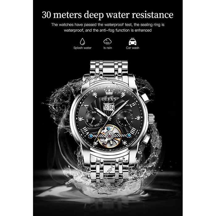 Чоловічий механічний годинник-скелетон OLEVS: автоматичний, з багатофункціональним календарем, водонепроникний, сталевий корпус (Сріблястий та Чорний)
