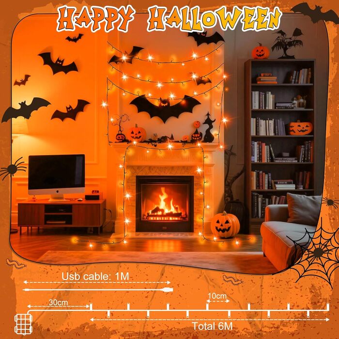 Гірлянда Halloween Cshare, 60 LED, USB/Батарея, Таймер, Водостійка, 6м, Оранжева, для декору саду, дому, на Хелловін
