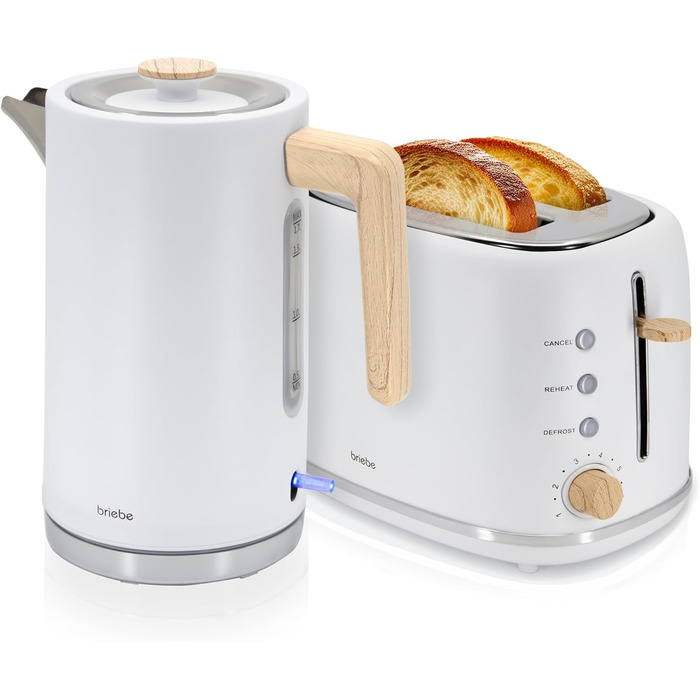 Тостер Briebe Nordic Set з широкими слотами та підставою для бургерів, 6 режимів підсмажування + Електричний чайник 1,7л, 2200W, BPA-free, Набір для сніданку, Скандинавський дизайн (Білий)