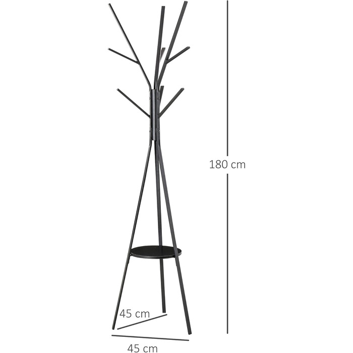HOMCOM Coat Rack, Clothes Rack with 8 Hooks, Coat Stand with Shelf, Freestanding Coat Rack for Clothes, Hats, Bags, Metal, Black, 45 x 45 x 180 cm