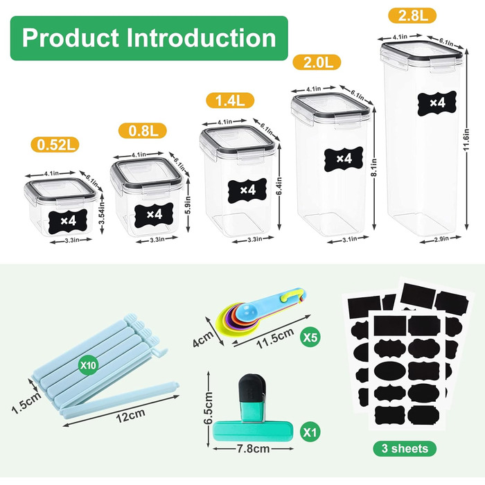 Набір контейнерів для зберігання продуктів, 20 шт., BPA Free, з кришкою (2,8L, 2L, 1,4L, 0,8L, 0,52L)