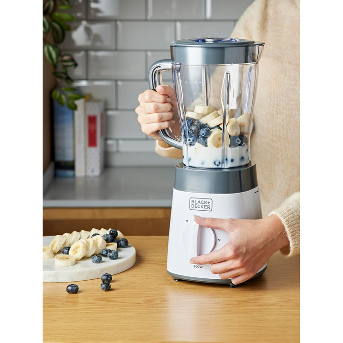 Блендер стаціонарний BLACK+DECKER, 500 Вт, 2 швидкості, пульс, скляна чаша 1,5 л, 4-лезове сталеве лезо, легке очищення, білий/сірий