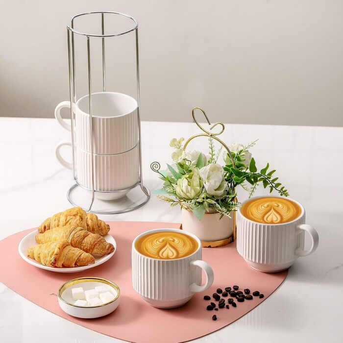 Набір кавових чашок Hasense Porcealin, 4 шт. з підставкою, 425 мл. Керамічні чашки для капучино, чаю, гарячого шоколаду, напоїв. Можна мити в посудомийній машині.