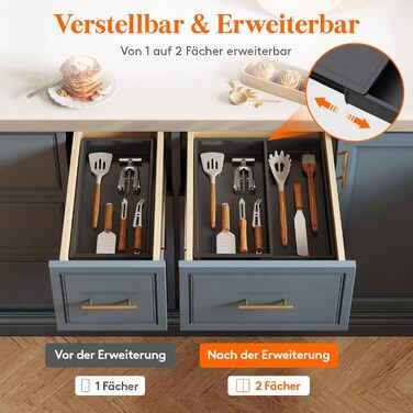 Органайзер для столових приладів Lifewit в шухляду, розширюваний (43.9 см), чорний, 40 см глибина, для кухні, ложок, ножів, лопаток