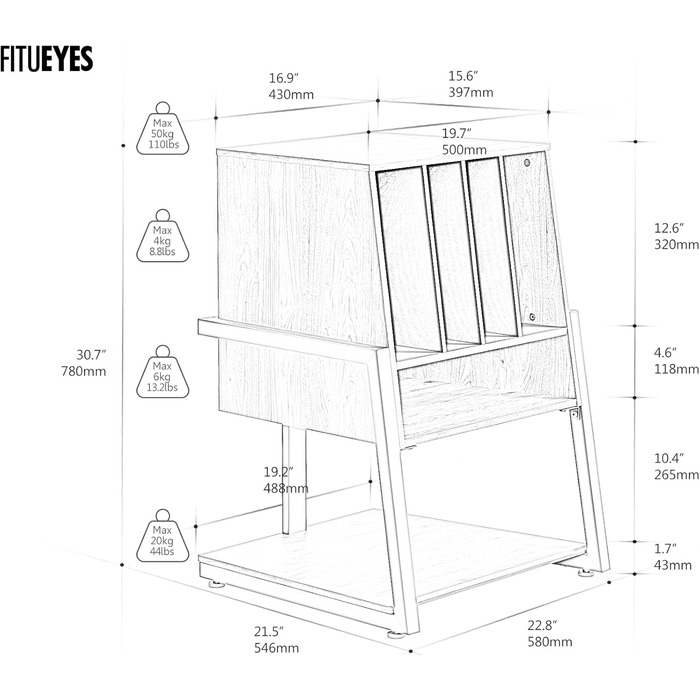 Вініловий програвач FITUEYES Eiffel: полиця для програвача та платівок, компактна Hi-Fi тумба, чорна