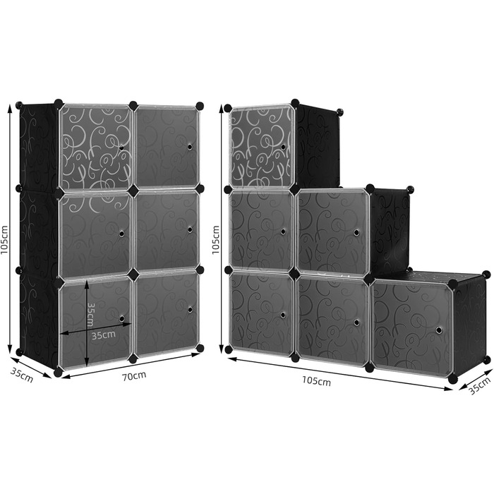 WOLTU Stackable Shoe Boxes, Shoe Rack with 6 Stackable Boxes, Storage Box with Door, DIY Shelf, Plastic Box for Shoe Storage, Shoe Organizer, 35x35x35 cm per Shoe Box, Black