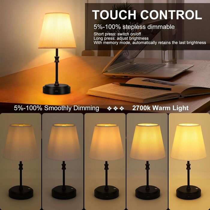 Настільна лампа на акумуляторі, бездротова LED лампа з USB-C 6000 mAh, 3 режими димування, для спальні, ліжка, їдальні, бару, чорного кольору