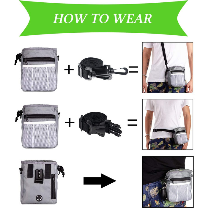 Сумка для ласощів STMK Leckerlibeutel для собак з поясом, 3 варіанти носіння, легка, іграшки, сухий корм, ласощі для собак, дресирування, навчання цуценят (сірий та чорний)