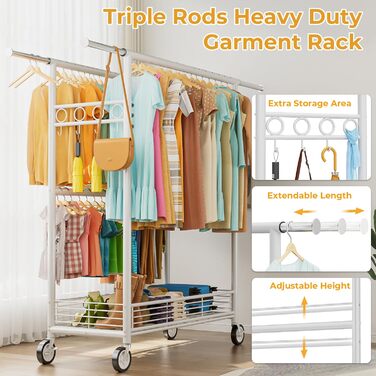 Вішалка для одягу Bomclap, міцна, на колесах, розсувна, з 3 перекладинами, 8 гачків та полицею, до 160 кг, біла