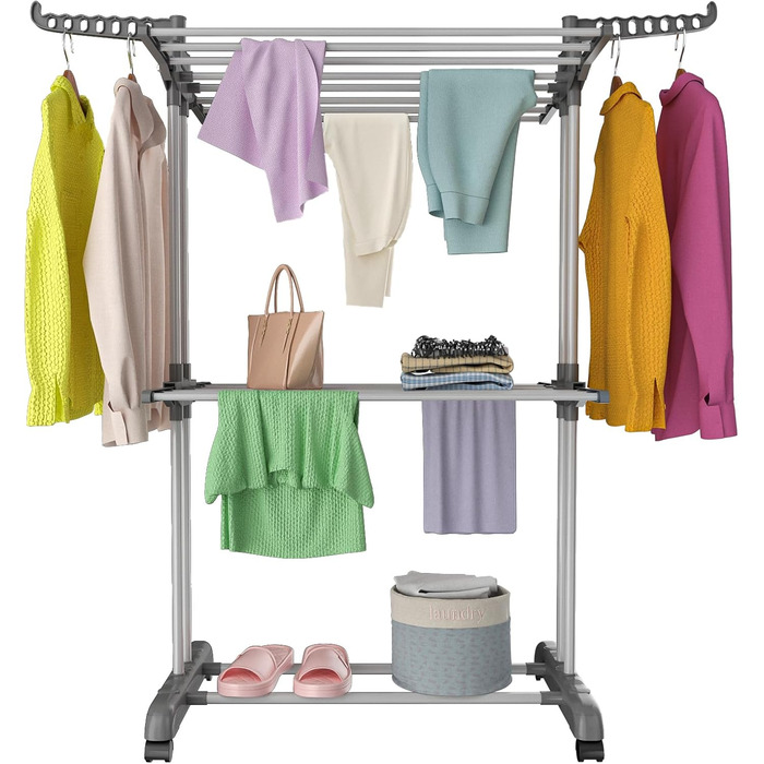 Foldable Stainless Steel Clothes Rack with Wheels, Portable, for Indoor and Outdoor Use, White/Gray (Gray-1)
