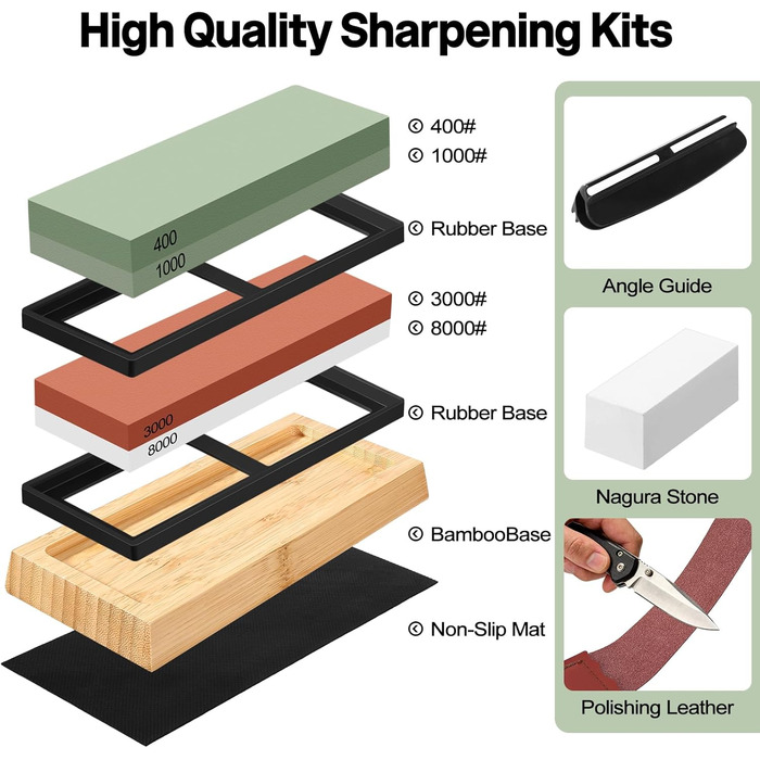 Набір для заточування ножів Messer Schärfen Schleifstein: професійний точило з гранями 400, 1000, 3000, 8000, шкіра, бамбукова основа, кутник