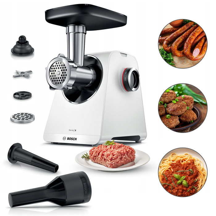 М'ясорубка Bosch Serie 6 MFWS607W 2100 Вт, реверс, біла