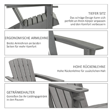 Крісло Adirondack Outsunny з підстаканником, садове крісло з пластику, сірого кольору, розміром 75 x 87 x 90 см, ідеально підходить для садово-балкових меблів.