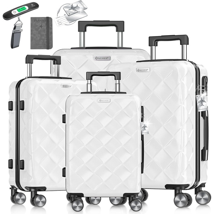 Набір валіз KESSER® 4 шт. | ABS валізи з кодовим замком, ваговою валізою та органайзером для подорожей | Ручна та велика валіза для бізнесу та подорожей, 360° обертання (Білий сніг)