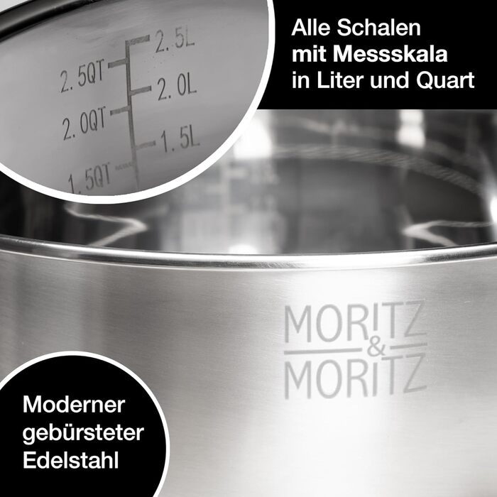 Миска для перемішування Moritz & Moritz 5er з кришкою - 0,6-4,5л - нержавіюча сталь з антиковзними ніжками без BPA - Складається, саладова миска з кришкою та 3 тертки - придатна для миття в посудомийній машині