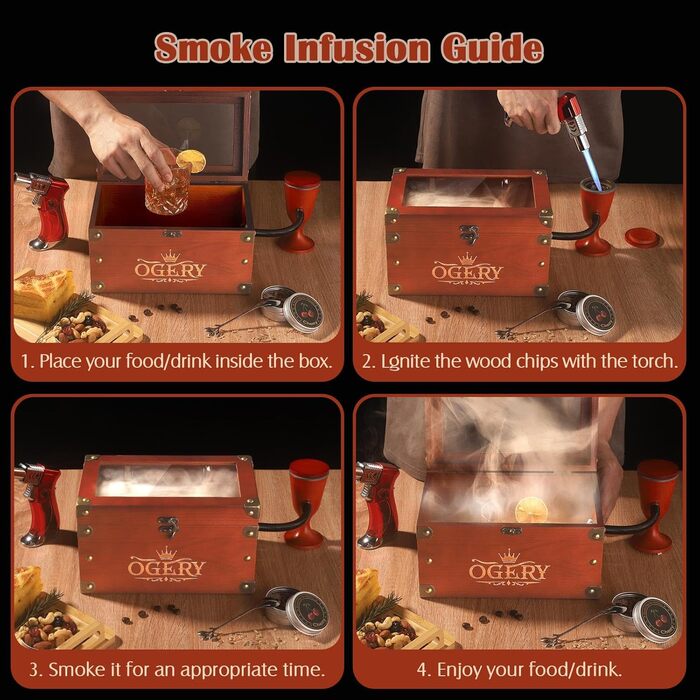 Набір для копчення коктейлів OGERY: Smoke Gun, коробка для віскі, стружка дерева (4 смаки). Подарунок для чоловіків