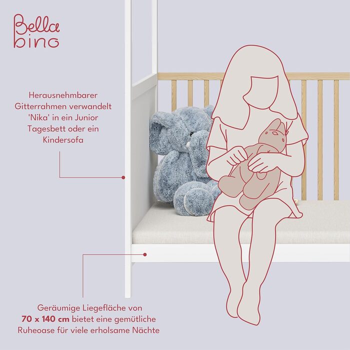 Bellabino Nika Babybett in Hausoptik 70 x 140 cm, crib and house bed for children and babies made of solid pine wood in blue, 3-fold height adjustable including slatted base.