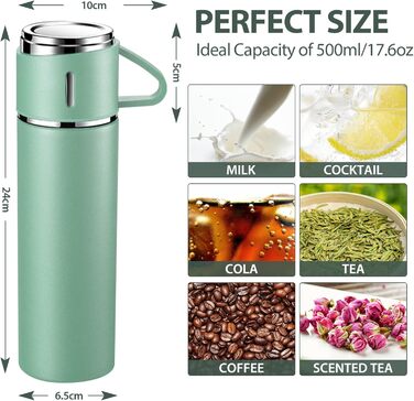 Stainless Steel Thermos Flask with Cup and Handle - 500ml Insulated Travel Mug - Leakproof, Double-Walled, Vacuum-Sealed - Keeps Hot/Cold for 12 Hours - for Kids, Sports, Outdoors (Black, Green)