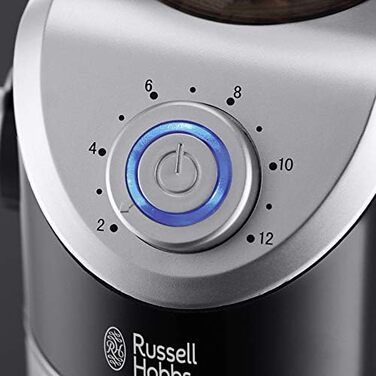 Електрична кавомолка Russell Hobbs Classics з дисковим жорном, регулюванням ступеня помелу (від порошкоподібного до грубого), для кавових зерен, горіхів, спецій, круп, об’єм 100 г, 23120-56, чорна