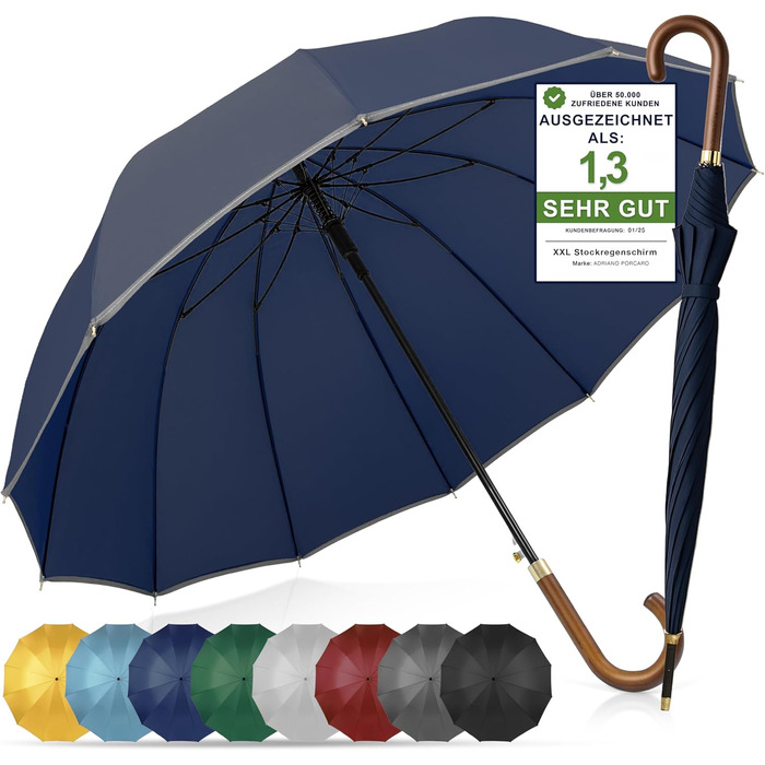 Стійкий до вітру парасолька Ø120см, великий парасолька XXL з відбиваючим краєм, 12 спиць, з чохлом - для чоловіків та жінок, оливково-зелений (блакитний)