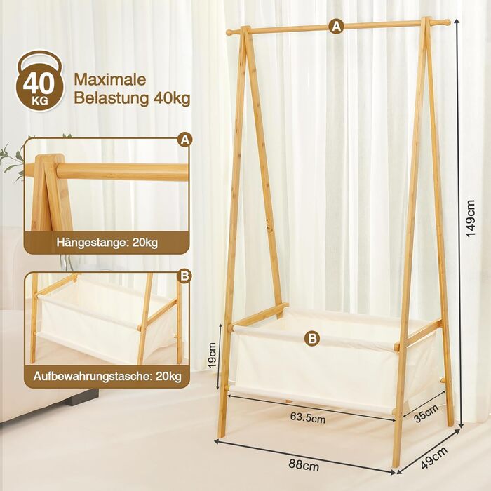 Легкий стійкий вішак для одягу Yorbay з бамбука з сумкою для зберігання, 149 см, натуральний колір