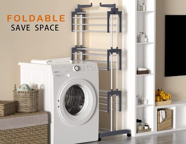 HOMIDEC Clothes Drying Rack Clothes Dryer Tower with Wheels, Space-Saving - with 6 Folding Wings and 2 Swivel Side Wings, Stainless Steel Standing Dryer Clothes Tower for Indoor and Outdoor Use, Grey Grey XL