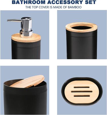 Набір для ванної кімнати MissFox 6 предметів: мильниця, дозатор миючого засобу, сміттєвий бак, тримач для зубних щіток, бачок для води, дозатор мила, аксесуари для ванної кімнати з бамбука, білий/чорний