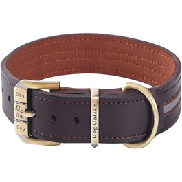 Шкіряний нашийник для собак з відбиваючим ефектом, регульований, м'який, з підкладкою, для маленьких, середніх та великих собак (Колір: Коричневий, Розмір L (46-56 см))