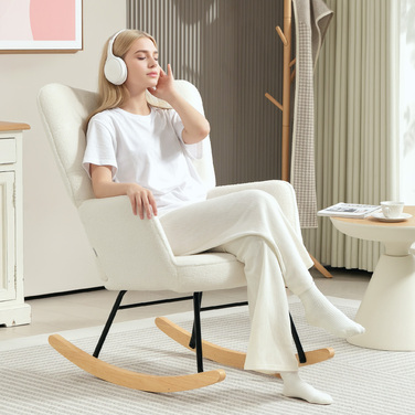 HOMCOM Rocking Chair, Rocking Armchair with Berber Fleece Look, Armrests, Padded Armchair with Wooden Runners, Reclining Chair for Living Room, Bedroom, Holds up to 120kg, White | Aosom