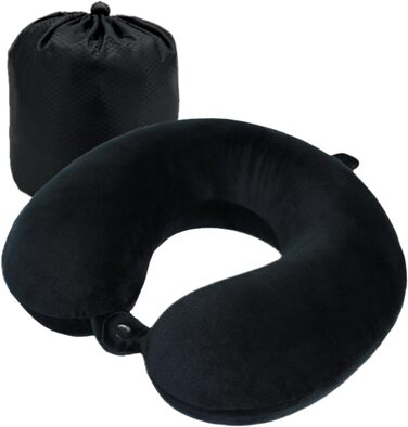 Подушка для шиї Essentials з піною з пам'яті (100%) - U-подібна, з м'яким велюровим чохлом - для подорожей, авто, літака, офісу та дому (Чорна)