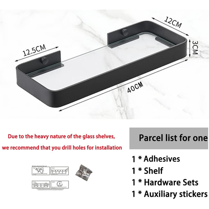 Biutimarden Shower Shelf No Drilling, Bathroom Shelf, Glass Shelf, Wall Mounting, Bathroom Shelf, Rectangular 8MM Tempered Glass, Self-Adhesive, Space Aluminum for Bathroom, Kitchen, Bathroom Accessories, 40CM Black